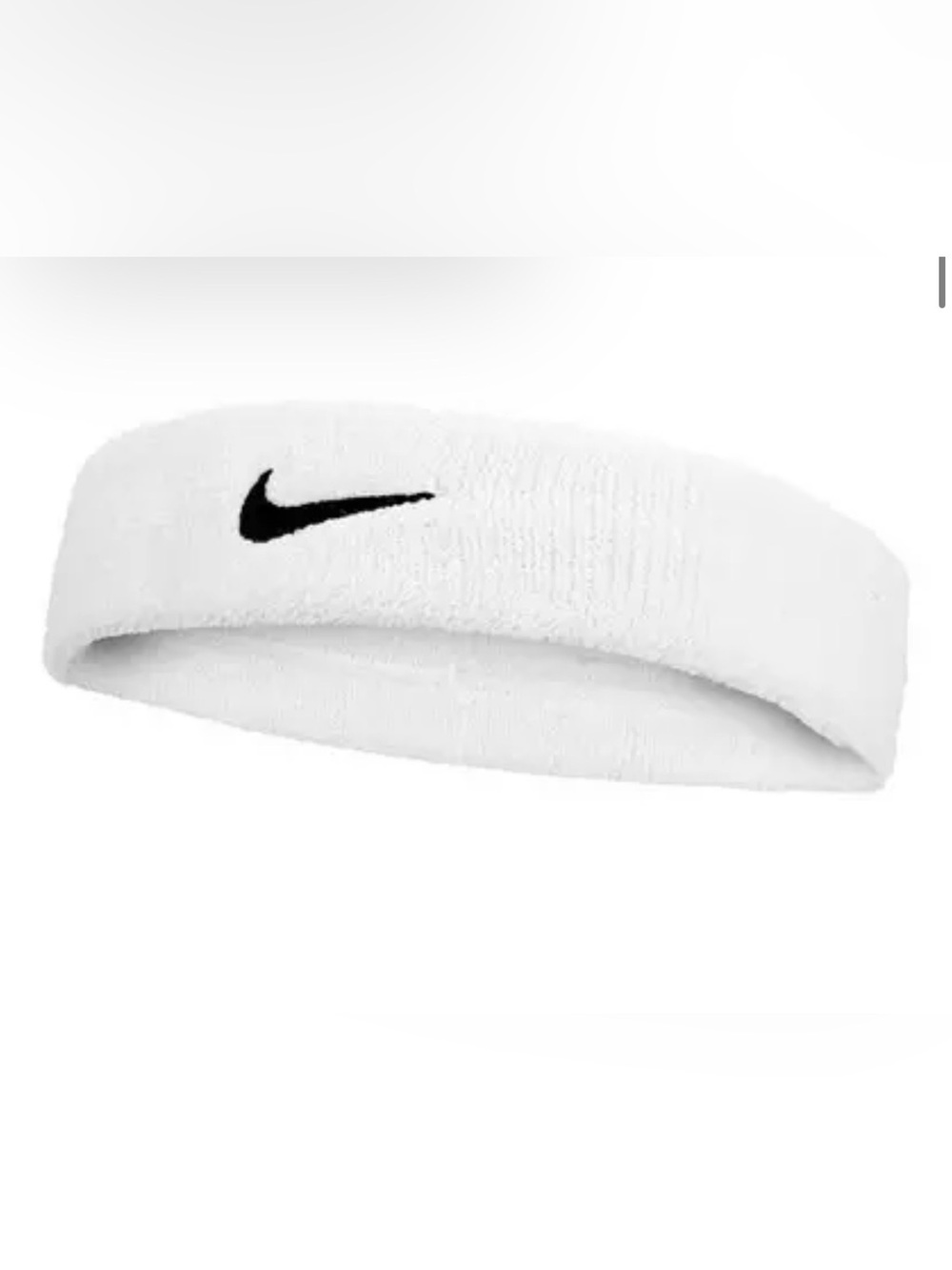 Nike Unisex White Terry Moisture Wicking Headband with Black Swoosh Logo. NWT